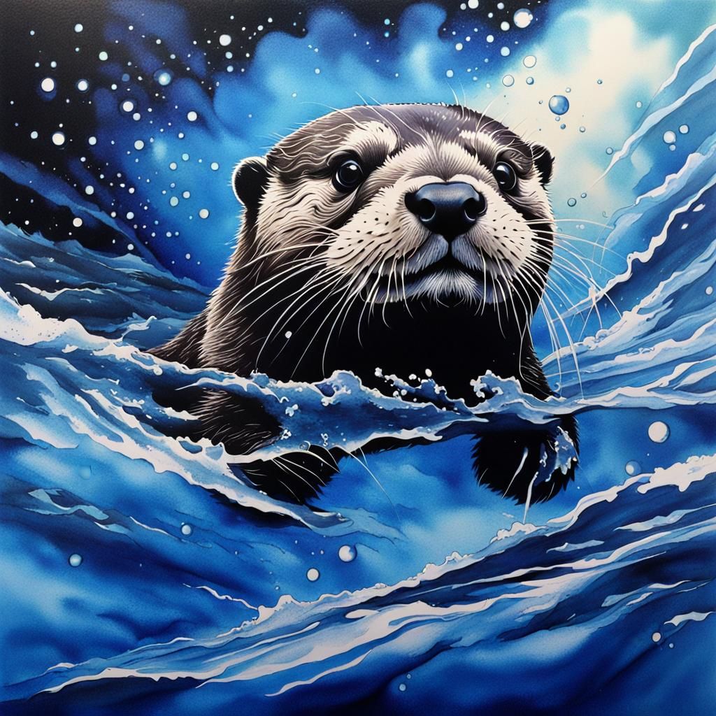 Happy Otter in Pacific Pool with Blue Ink