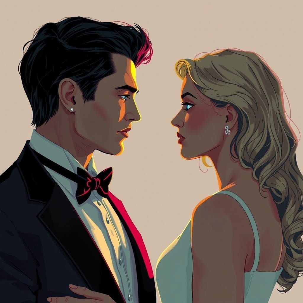 Elegant Couple in Dark Scene with Red Mask