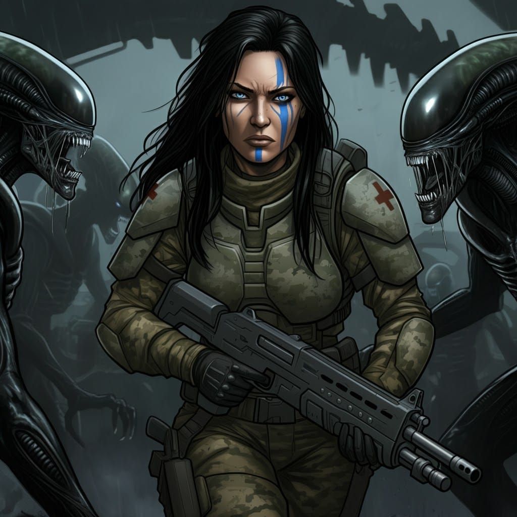 Nordic Combat Medic Running from Xenomorphs as Comic Art