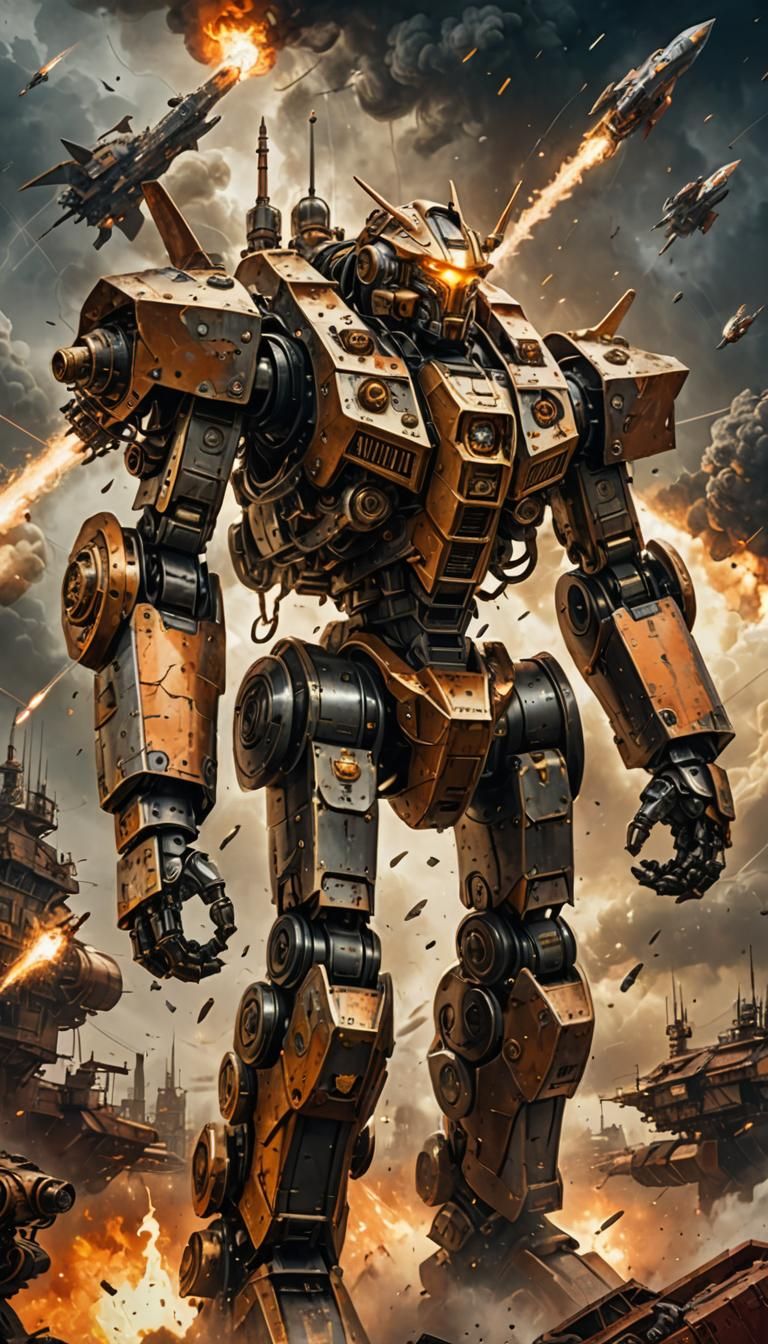 Steampunk Mecha Robot Battles Flying Enemies