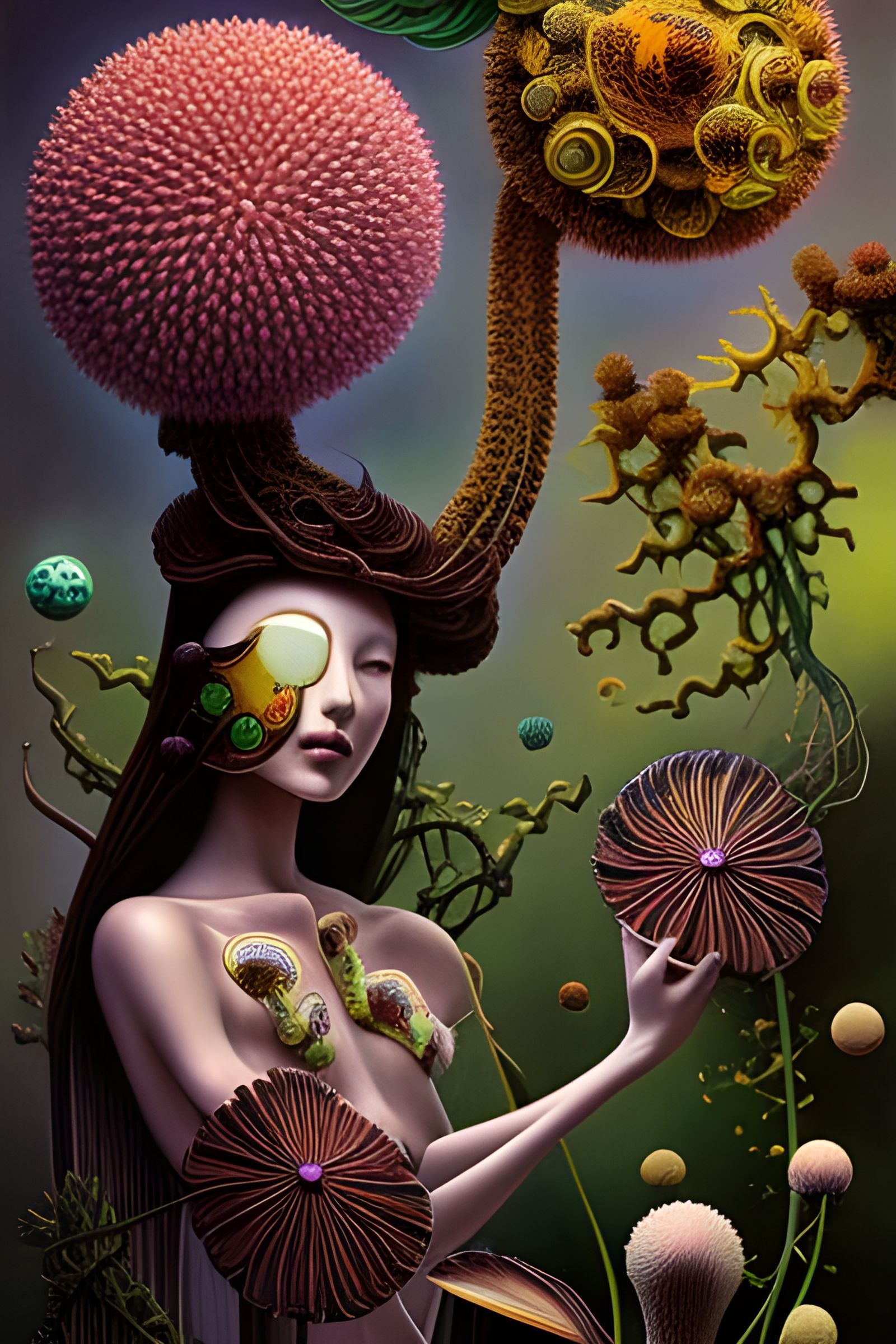 Girl with Bioluminescent Flowers in Grotesque Style