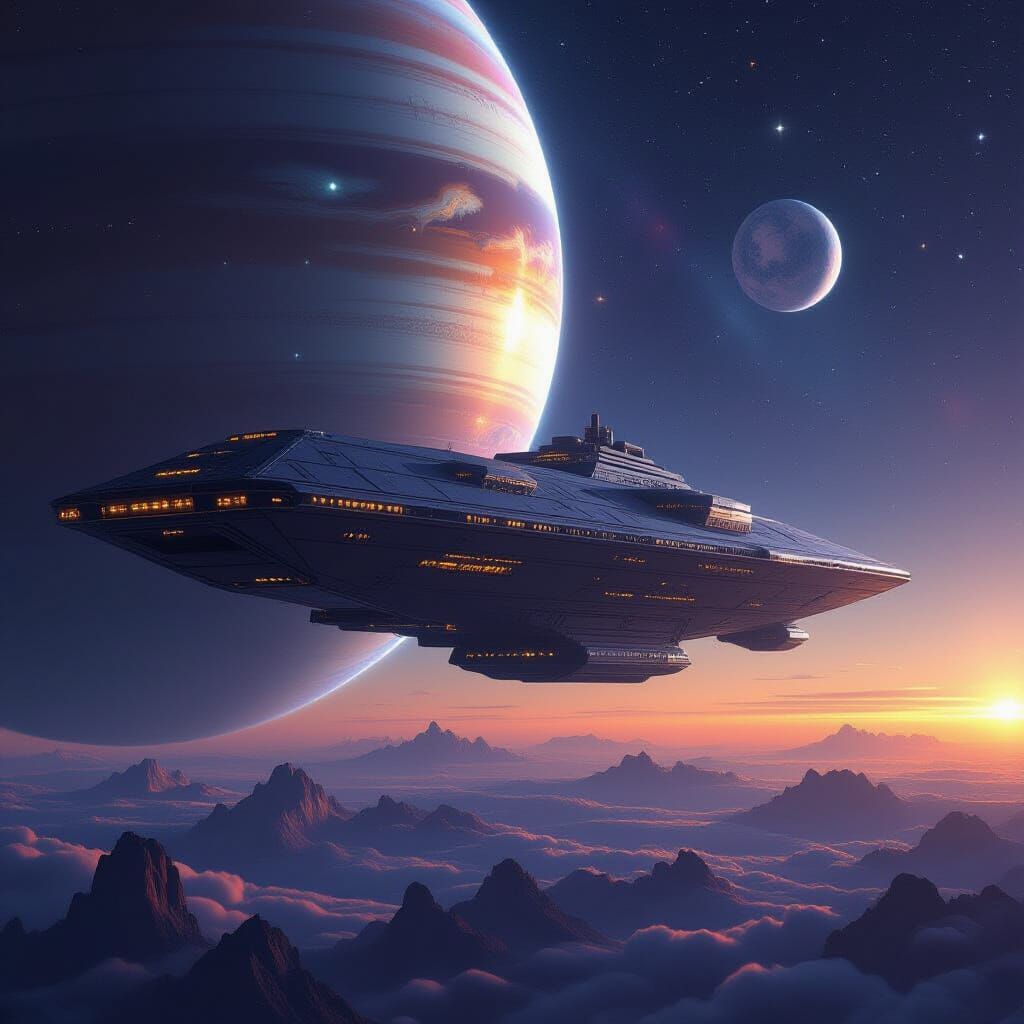 Colossal Generation Spaceship Drifts Past Gas Planet