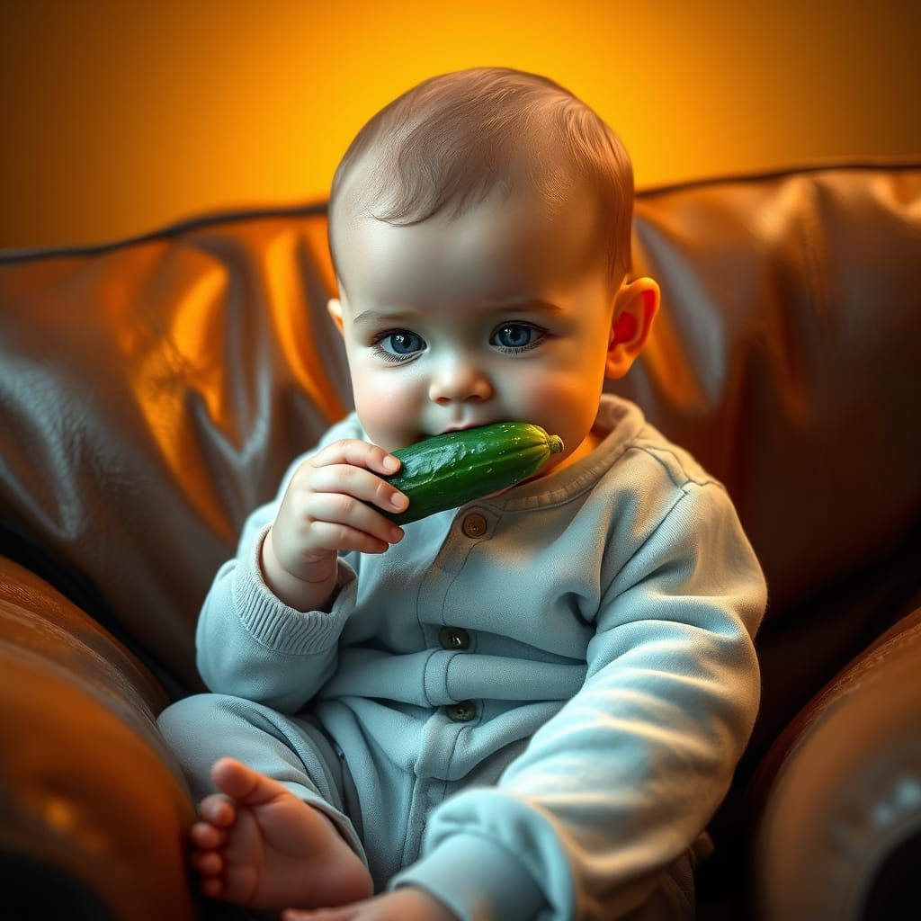 Serene Baby on Brown Leather Couch with Cucumber