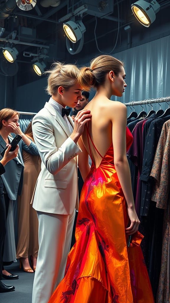 Transgender Fashion Icon in Backstage Chaos, 8k Expressionis...