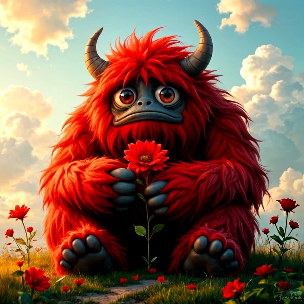 Sad Fiery Red Fur Monster with Flower