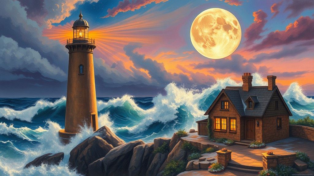 Lighthouse Against Tempestuous Sea in Dreamlike Style