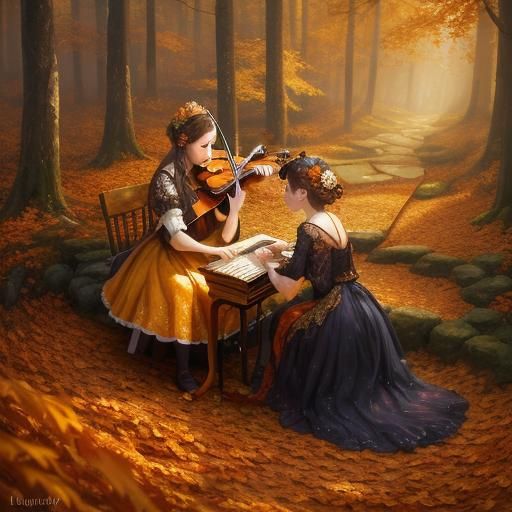 Falling leaves in autumn colors violin and piano dreams of music notes and pumpkins oranges nuts and seasons changing fa...