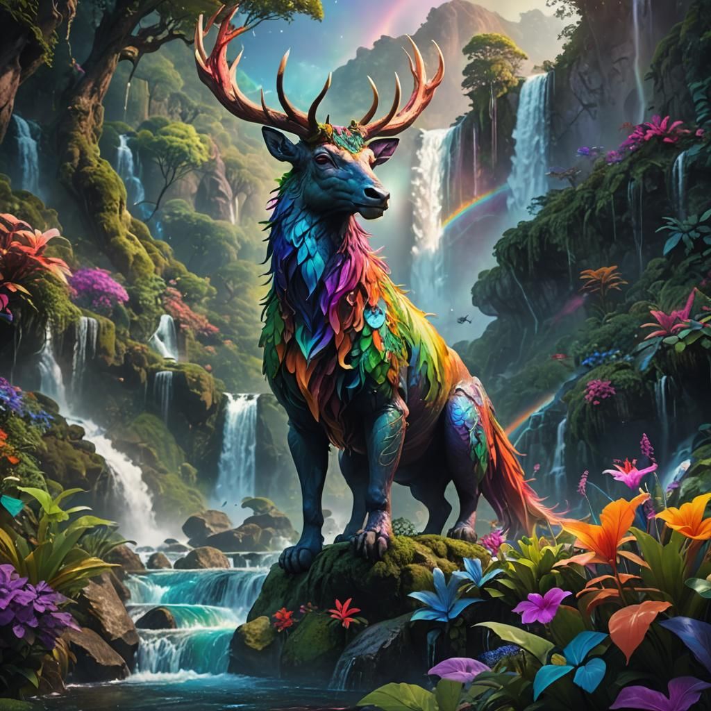 Majestic Rainbow Deer in Vibrant Fantasy Landscape