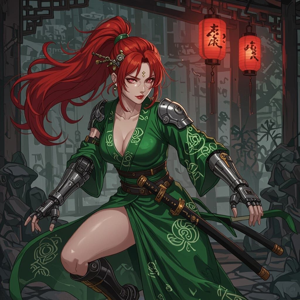 Steampunk Samurai Woman with Mechanical Arm