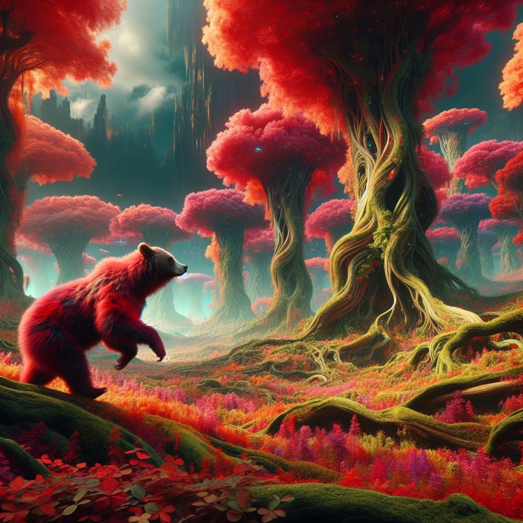 Fantastical Red Bear in Alien Forest