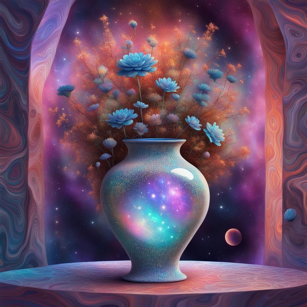 Holographic Cosmic Vase Illustration in Mixed Media
