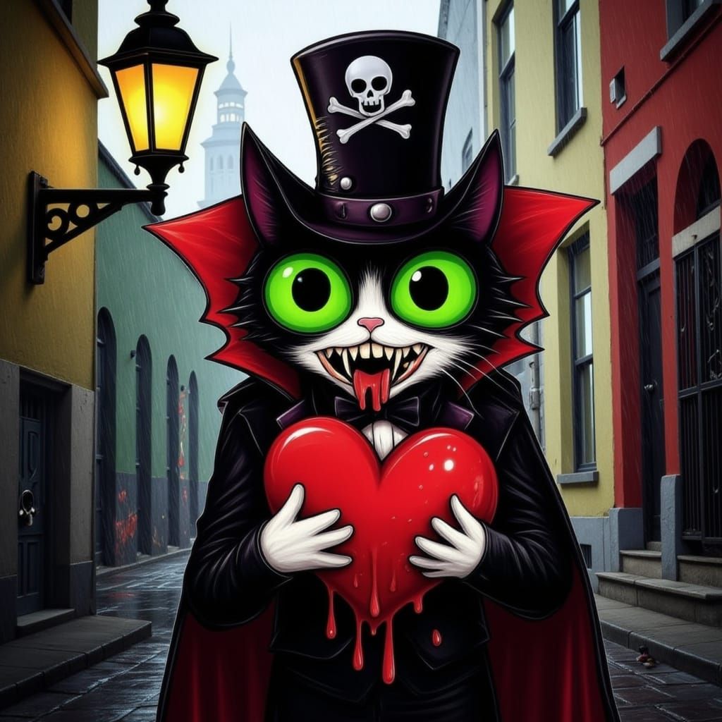 Vampire Cat with Heart in Graffiti Art Style