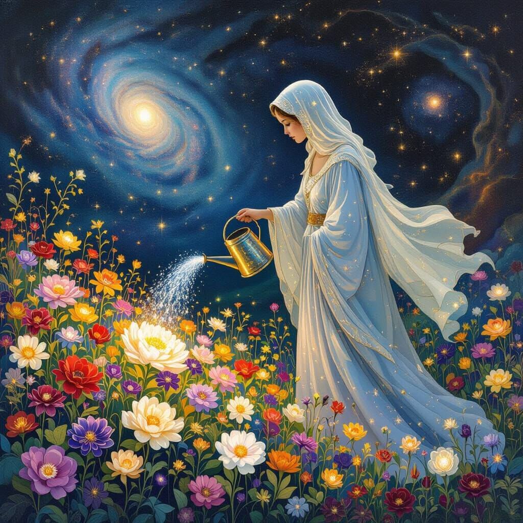Celestial Gardener tending a Luminous Galaxy Garden