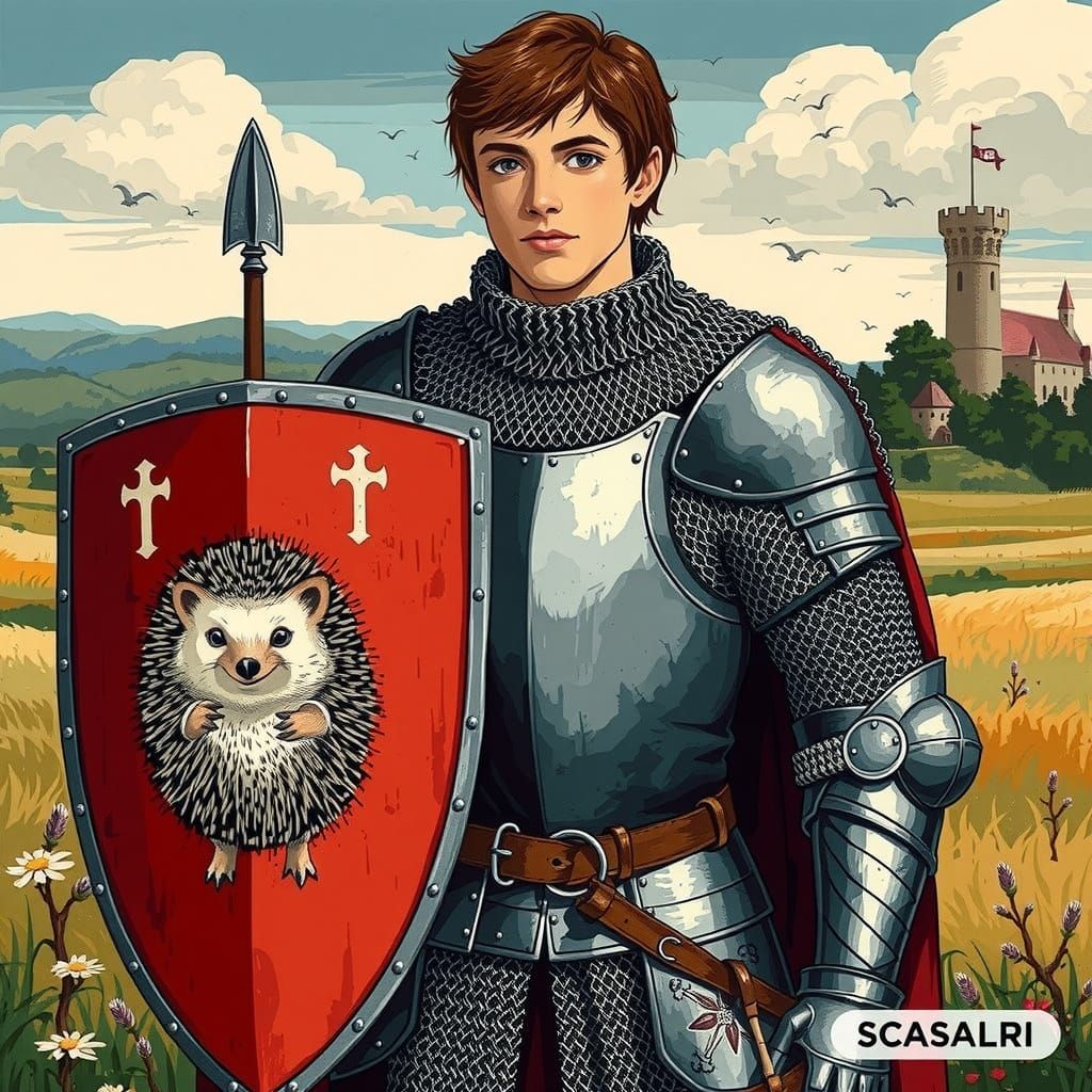 13th Century Knight with Hedgehog Shield, Comic Book Style
