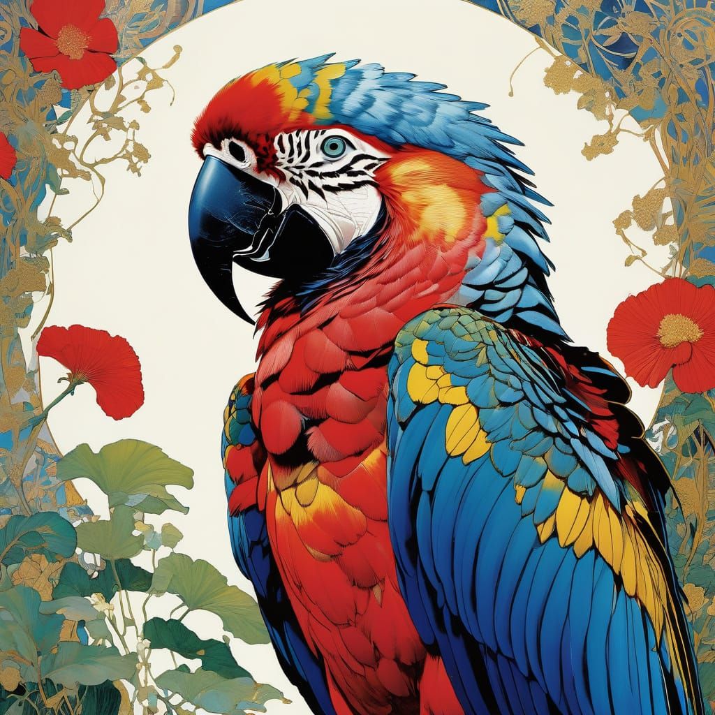 Intricately Drawn Macaw in Vibrant Organic Style