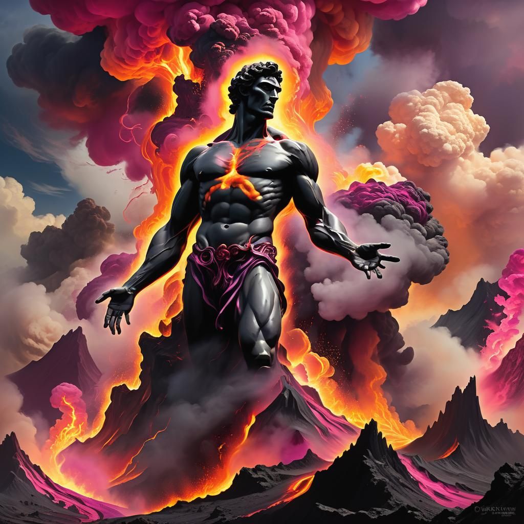 The imposing god Vulcan, emerging with lava from the summit ...