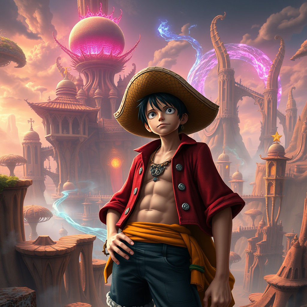 Monkey D. Luffy in Mystical Fantasy Landscape