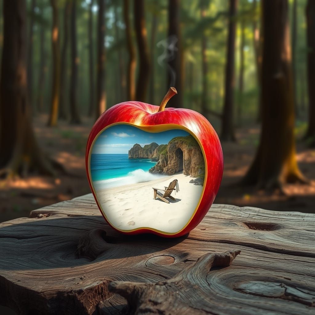 Vibrant Red Apple Reveals Serene Beach Scene