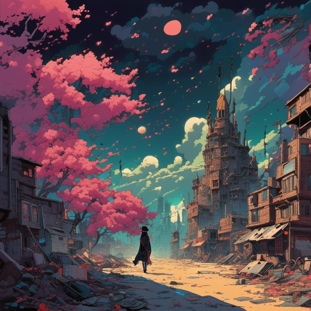 Vivid Woman Over Shadowy Boy in Dystopian Town