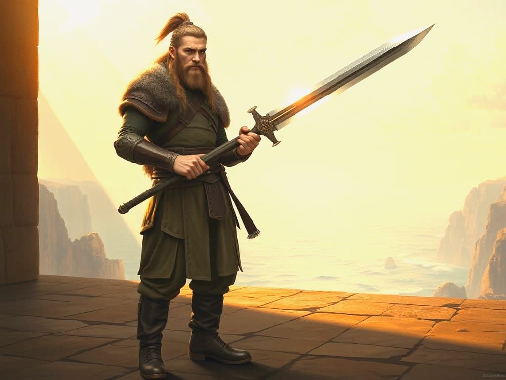 Viking Warrior with Ulfberht Sword in Oil Painting Style