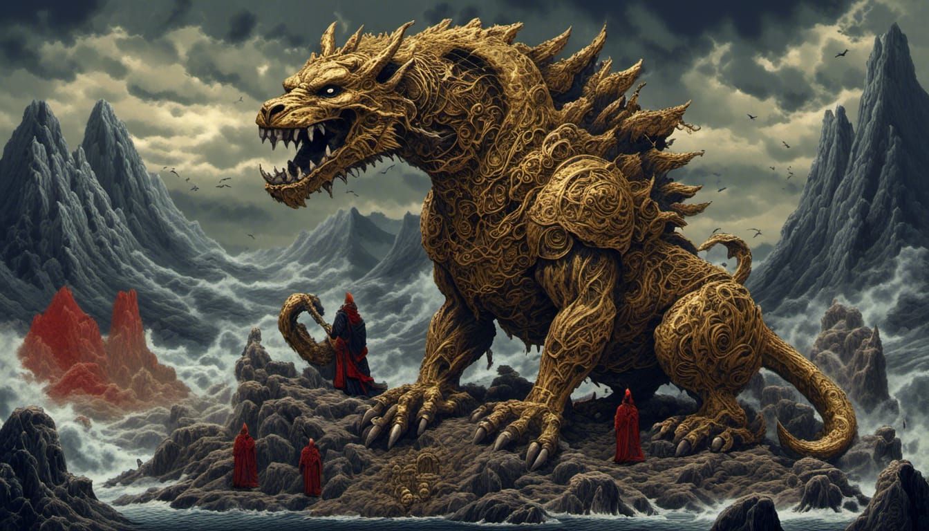 Undead Chimera-Kaiju with Skeletal Celebrants