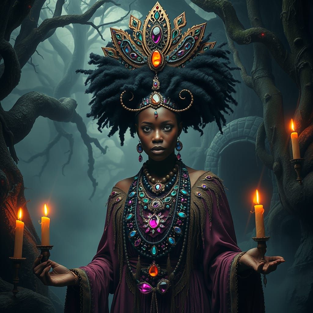 Regal Voodoo Priestess in Dark, Mystical Landscape