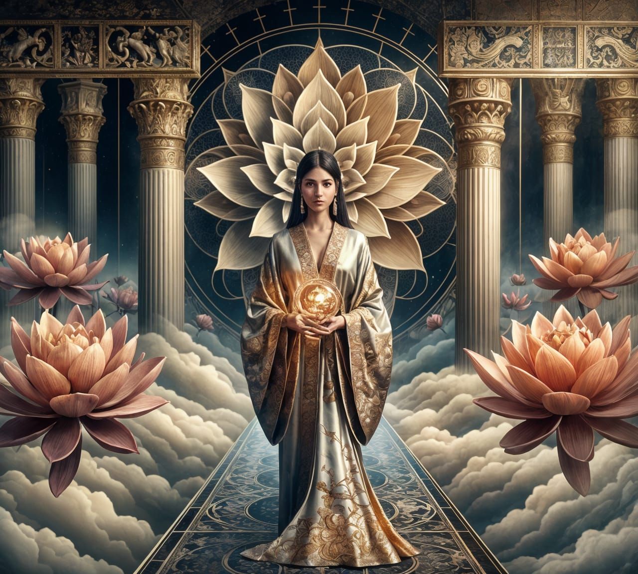 Elegant Hispanic Woman in Lotus Temple