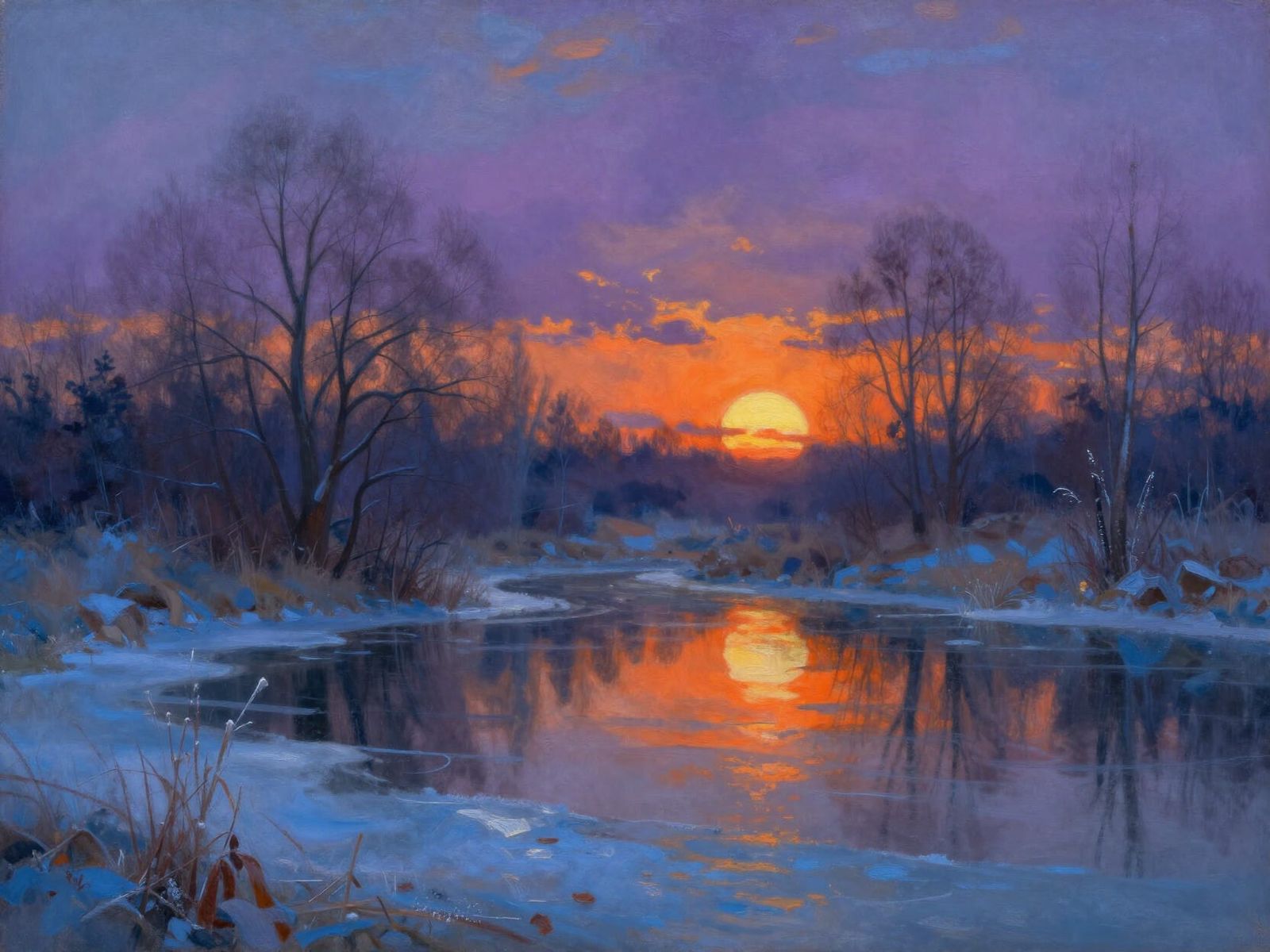 Ethereal Midwinter Spring Landscape at Sundown