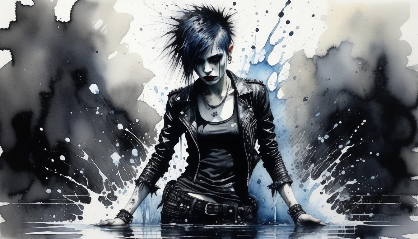 Gothic Punk Woman Portrait in Dark Watercolour Style