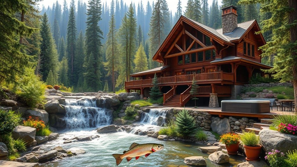 Serene Rustic Cabin Amidst Lush Forest and Waterfall