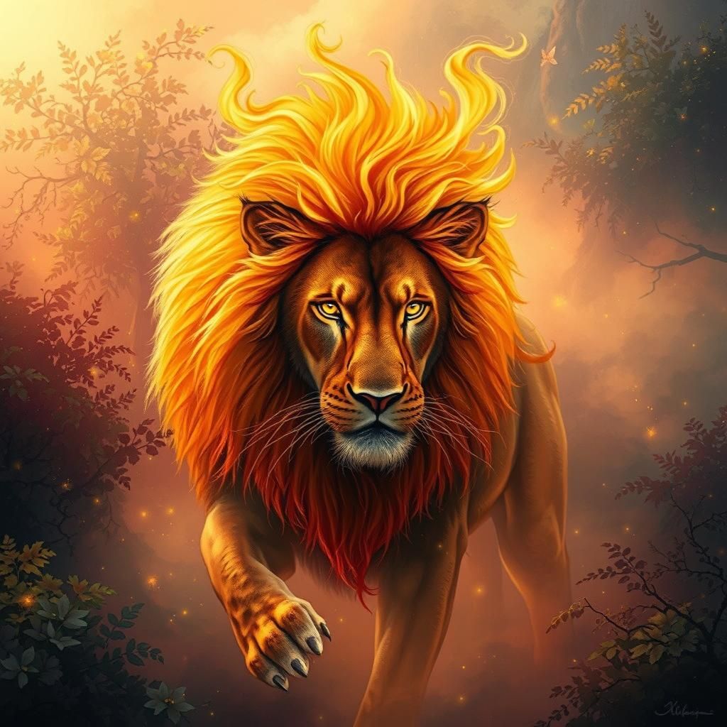 Fiery Lion in Ethereal Fantasy Realm