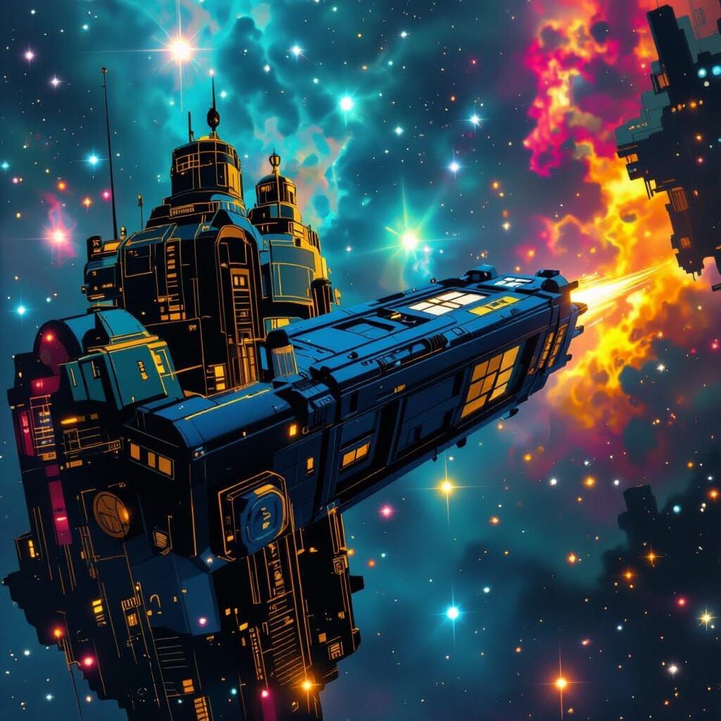 Blue Police Box Soaring Through Starry Space