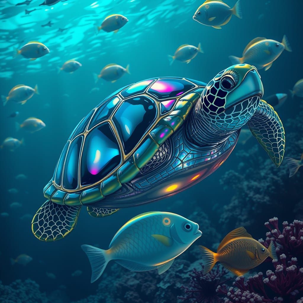 Glass Sea Turtle in Deep Sea Comic Style