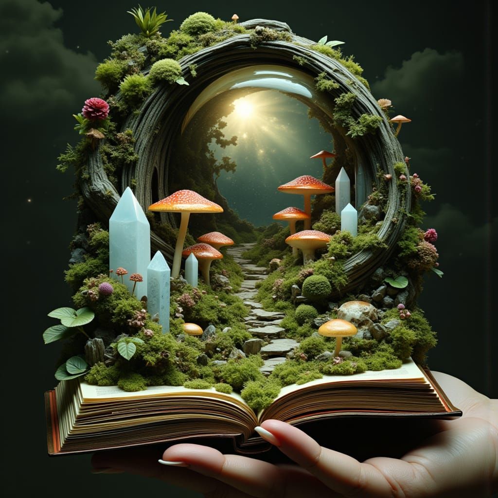 Miniature Magical Moss Crystals and Mushroom Forest in Warm,...