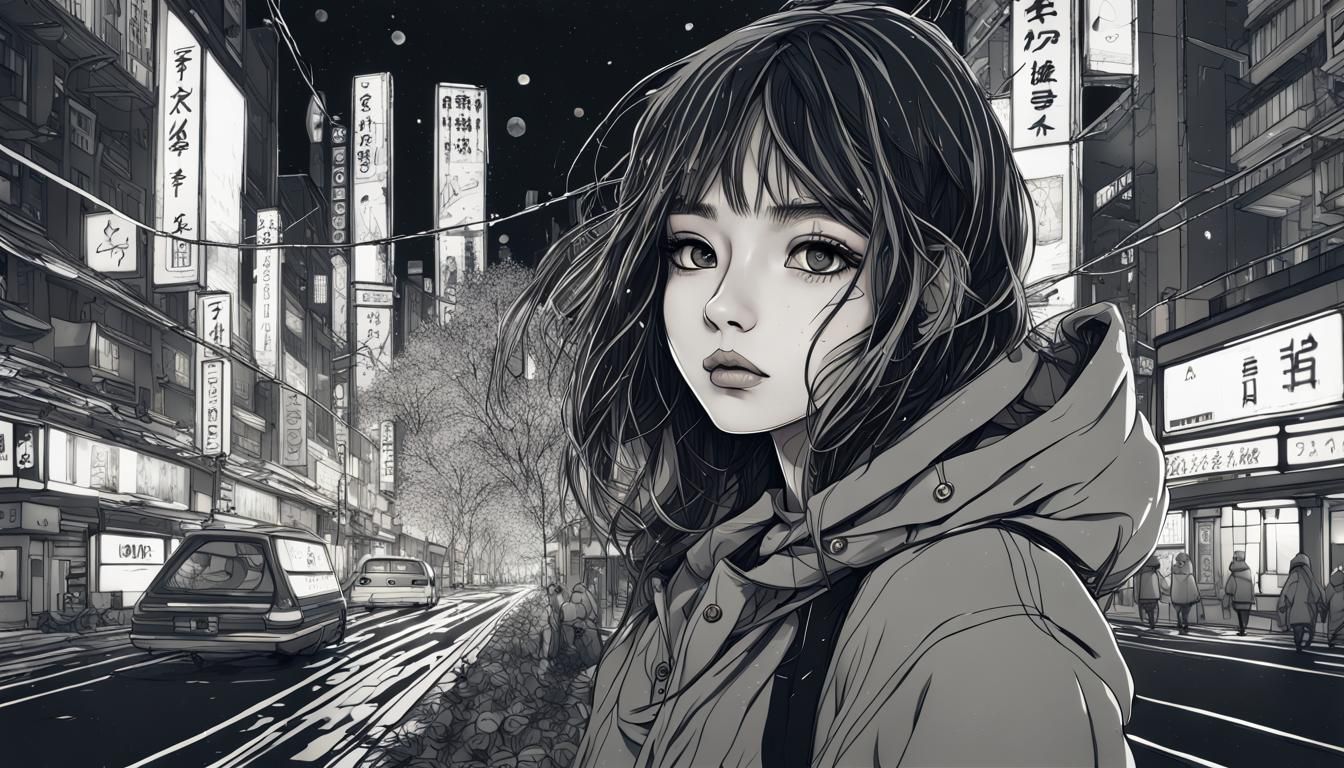 Detailed Line Art of Girl in Winter Tokyo