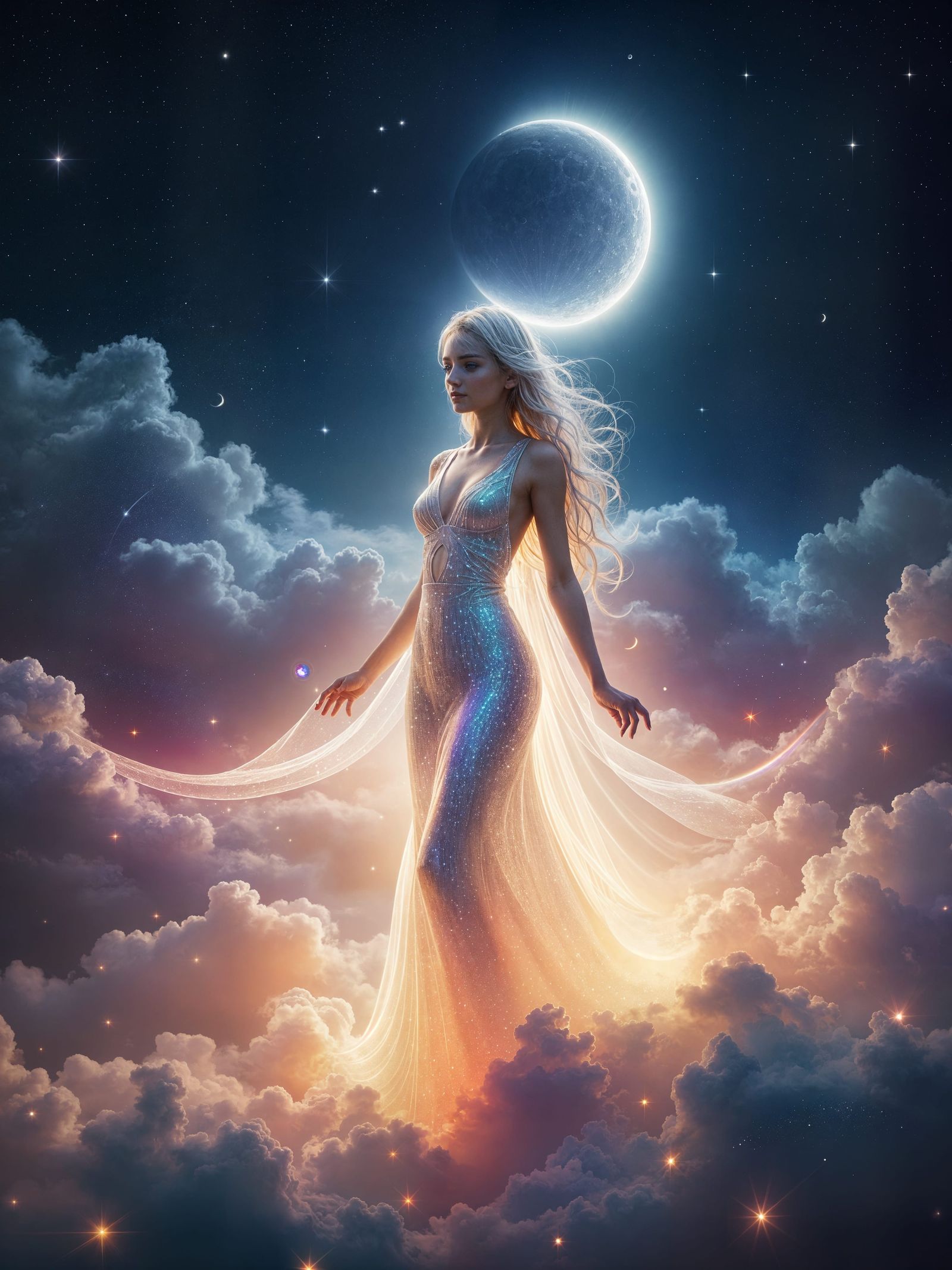 Ethereal Goddess of Light in Whimsical Moonlit Scene