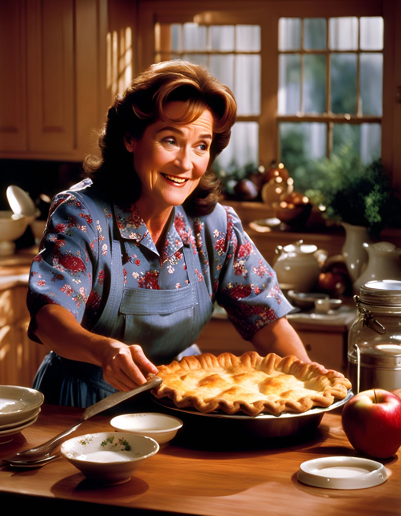 Helena Montana Baking Pie in Mrs. Doubtfire Style