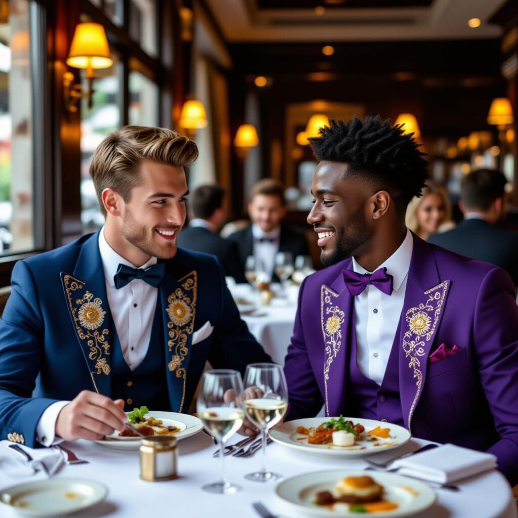 Elegant Dinner: Men in Ornate Suits at Upscale Restaurant