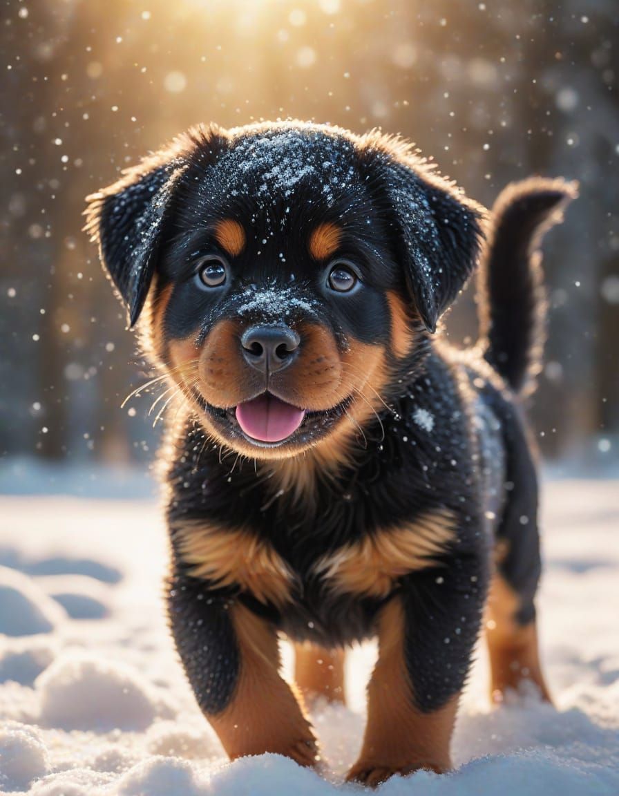 Rottweiler Puppy Playing in Snow: Vibrant Oil Painting Style