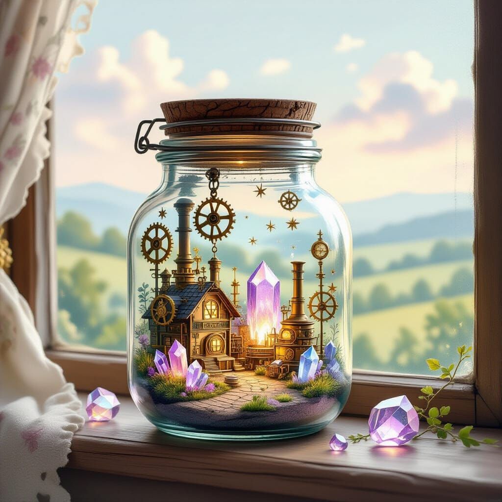 Steampunk World in a Jar, Watercolor Countryside