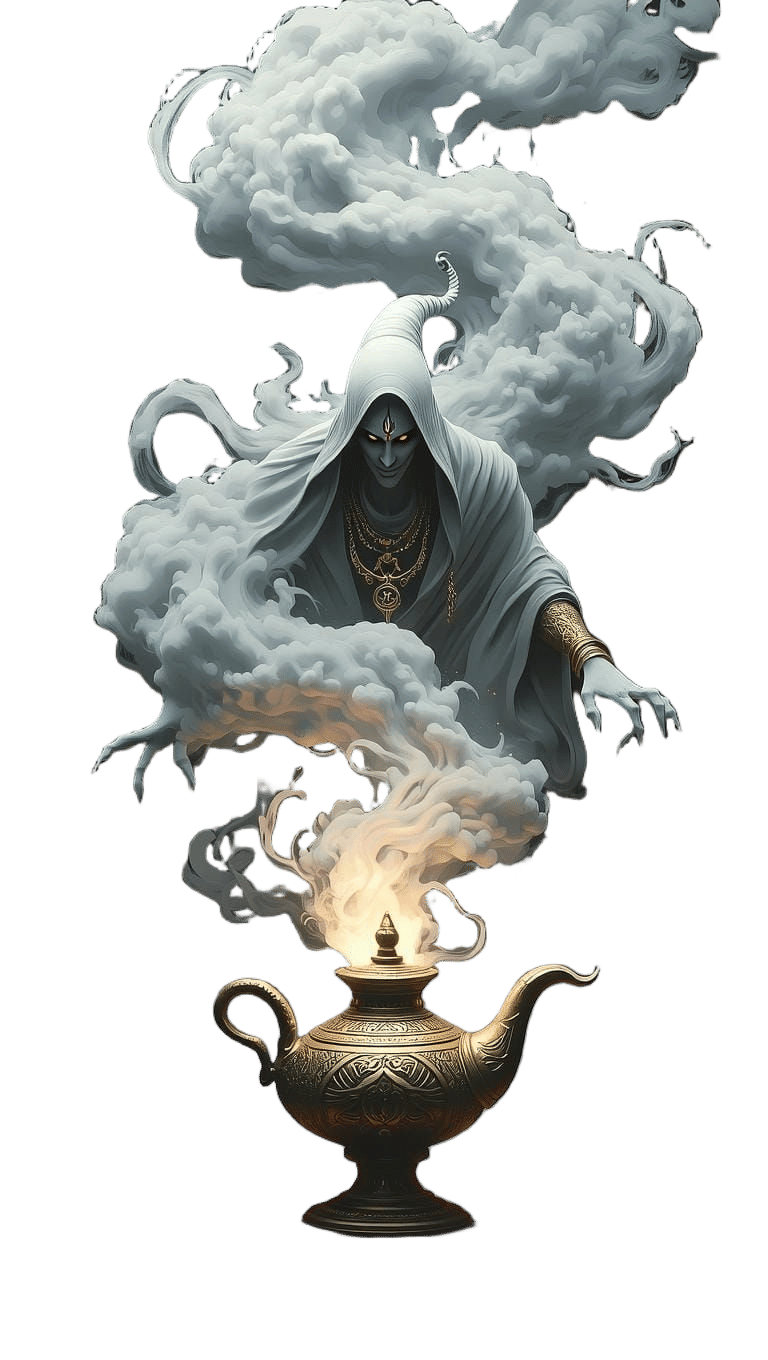 Mystical Jinn Emerge from Lamp in Dark Atmosphere