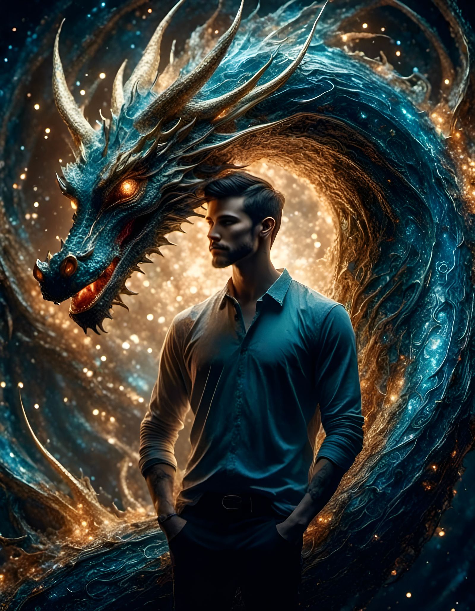 Man and Dragon in Soft Pastel Colors