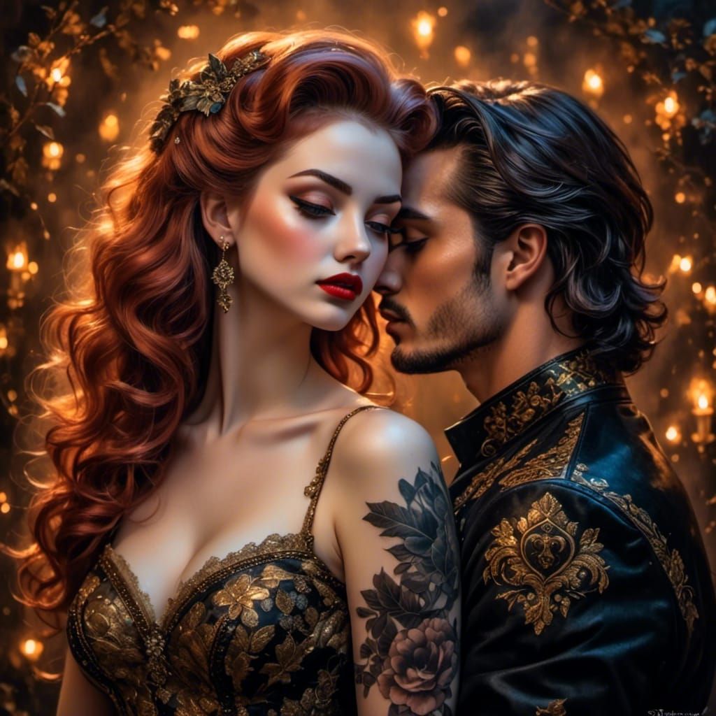 Romantic Embrace: Fantasy Portrait in Rich Oil Colors