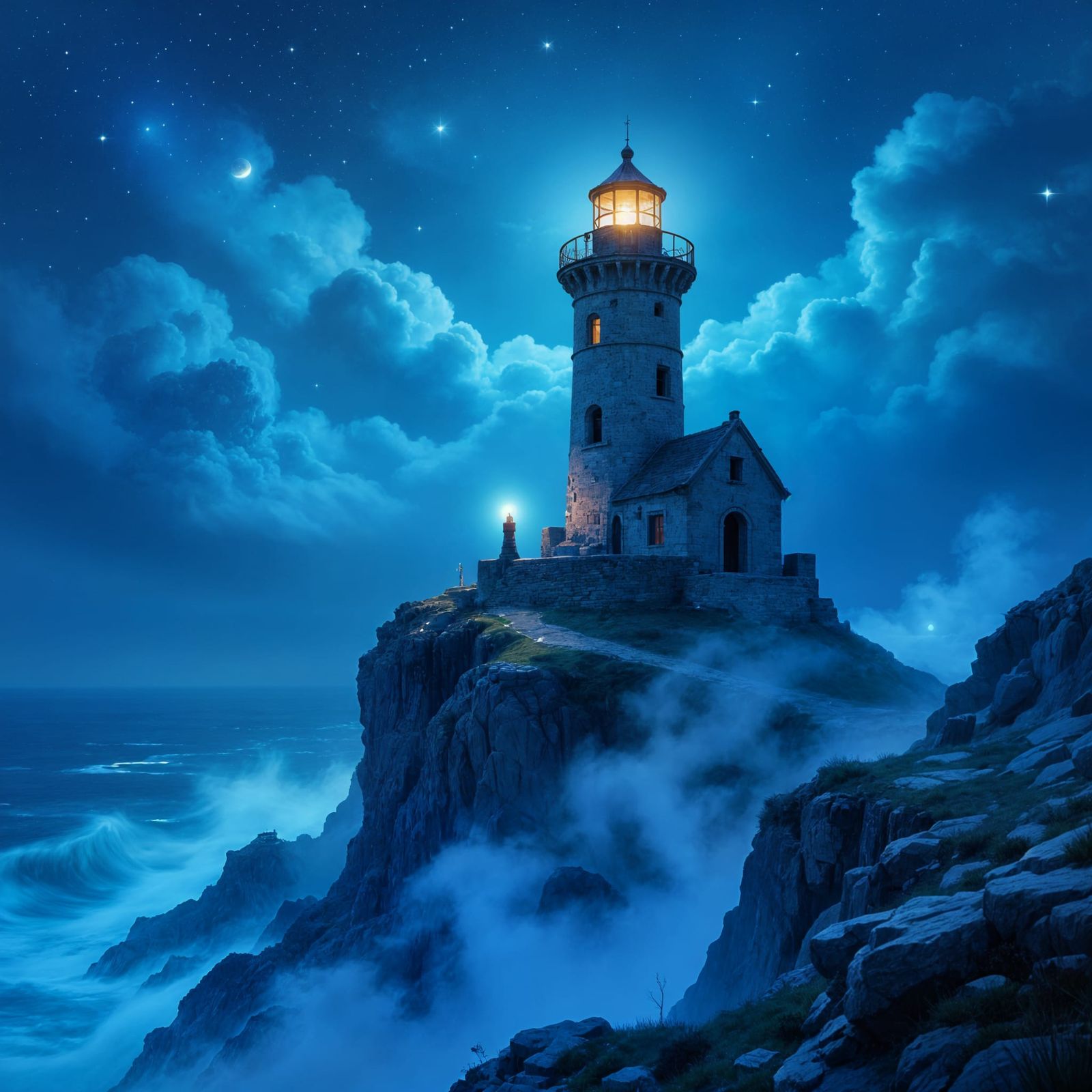 Ancient Lighthouse on Starry Ocean Cliff in Ethereal Mist