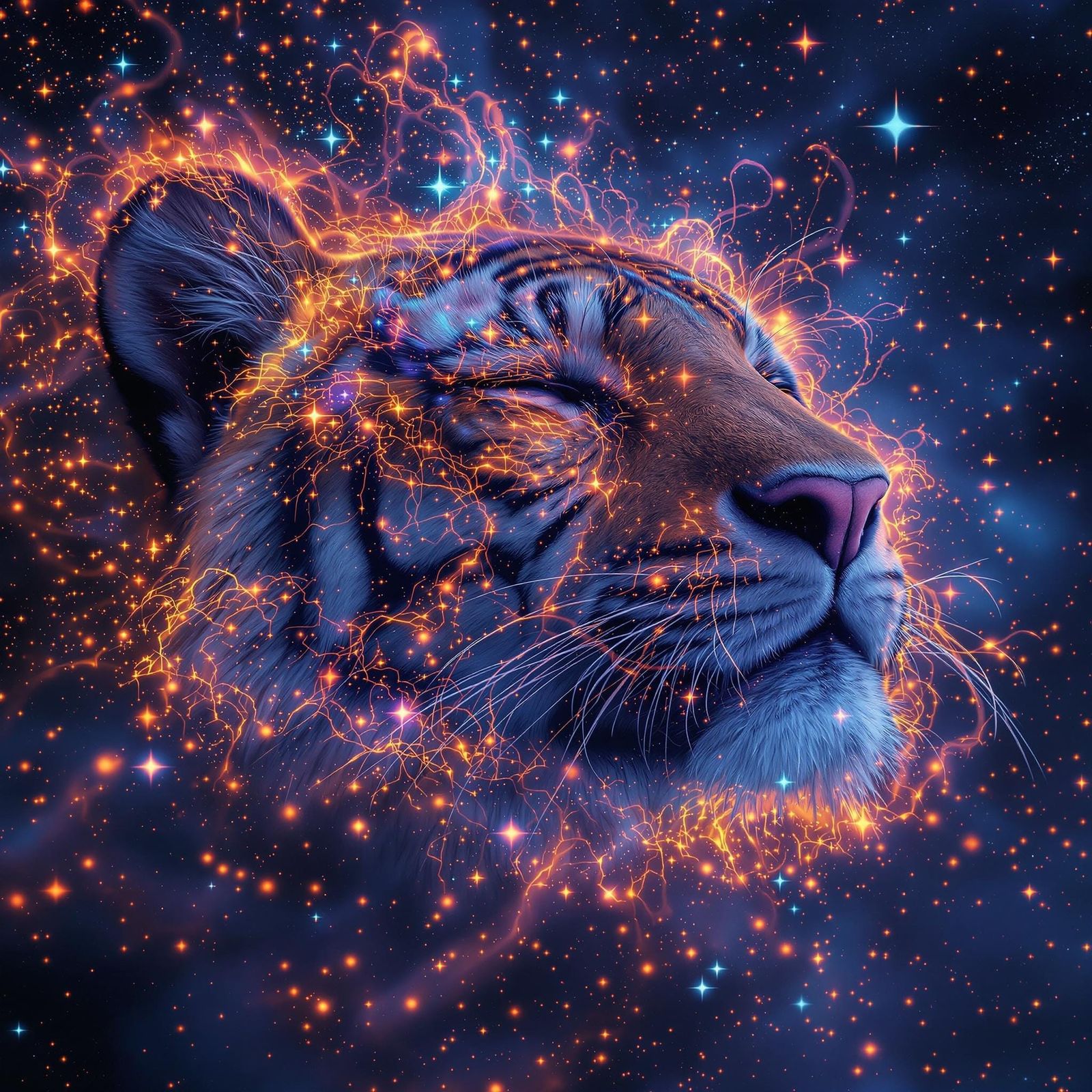 Tiger Surrounded by Bioluminescent Stars in Dreamy Sci-Fi St...