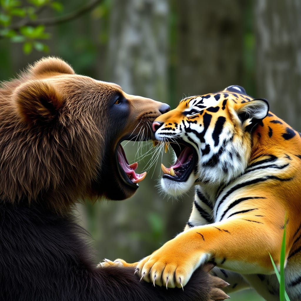 Bear and Tiger Growling Face-to-Face
