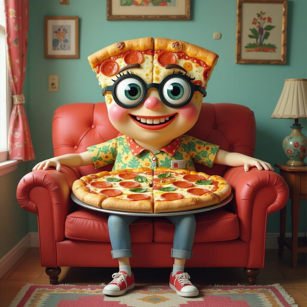 Anthropomorphic Pizza Lounging on Sofa in Colorful Shirt
