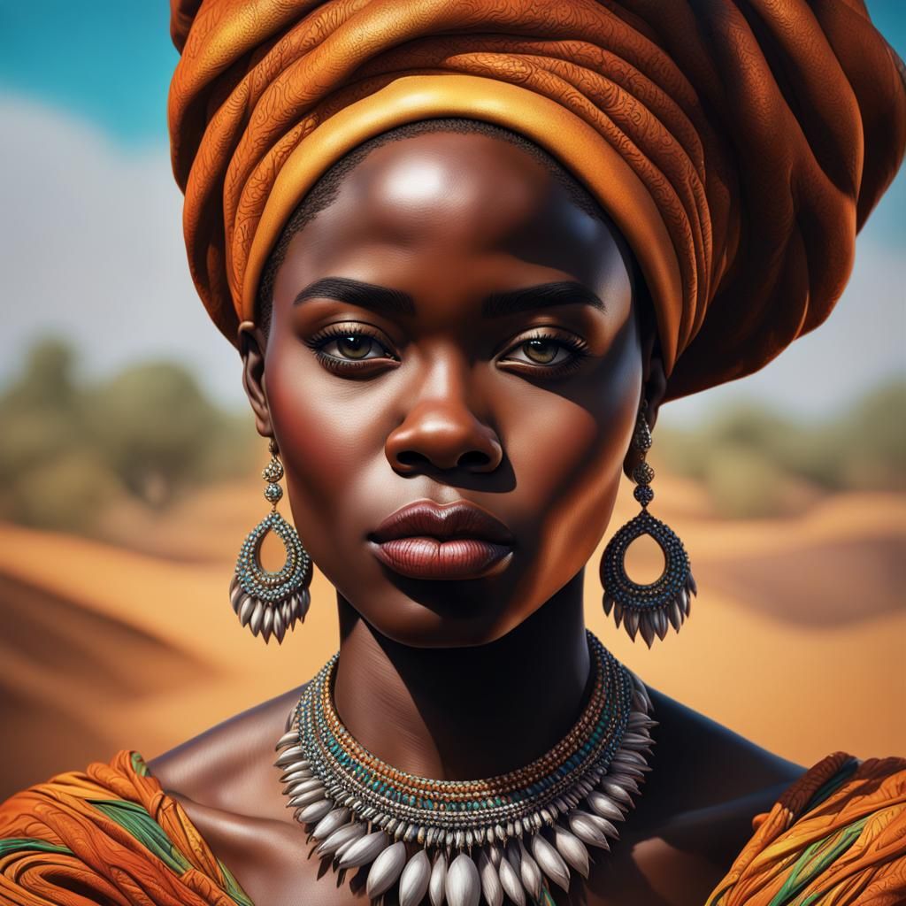 African Queen with Piercing Gaze: Hyperrealistic Portrait