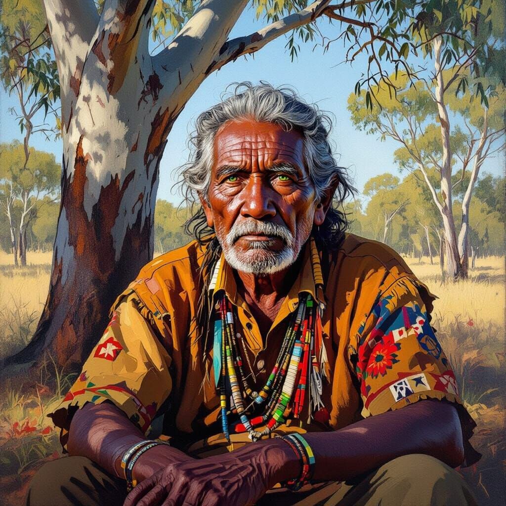 Aboriginal Elder in Traditional Attire, Painted Realisticall...