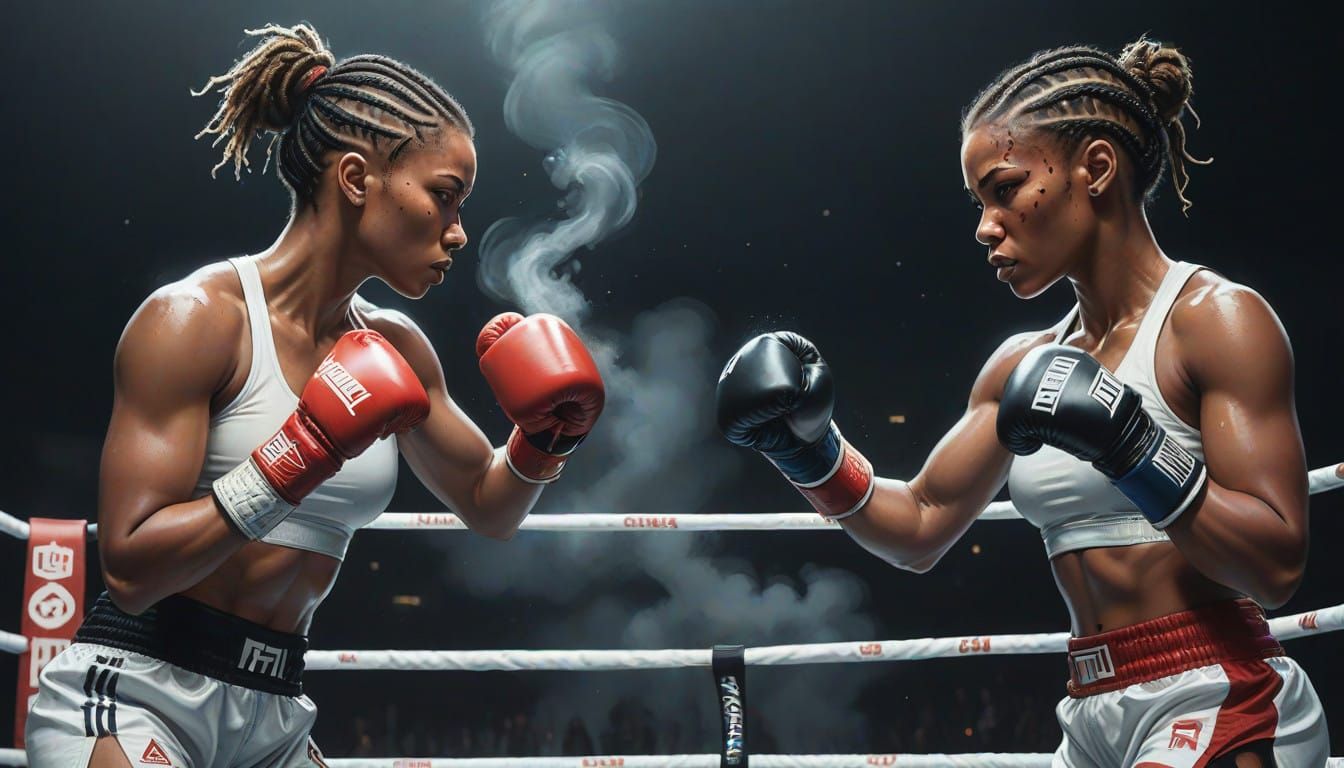 Intense Female Boxers Face Off in a Dimly Lit MMA Arena